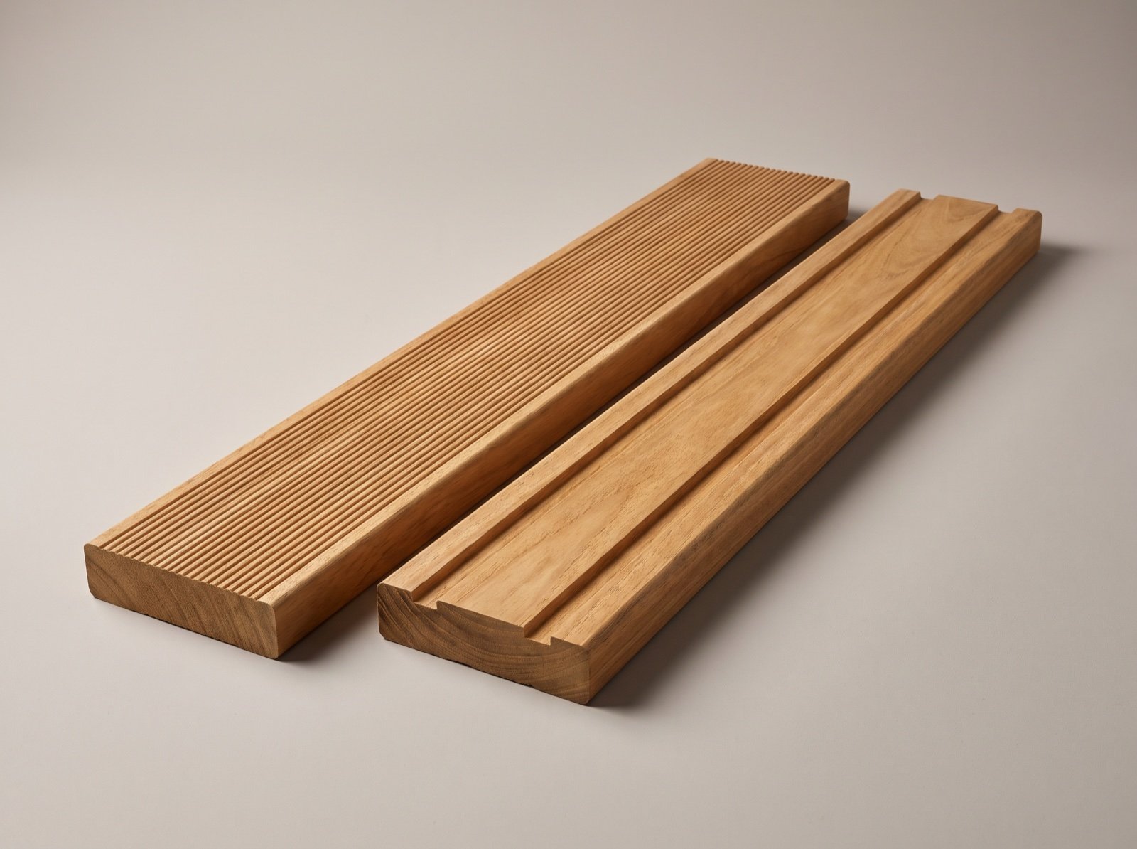 Two boards showing wide decorative grooves and channel profiles