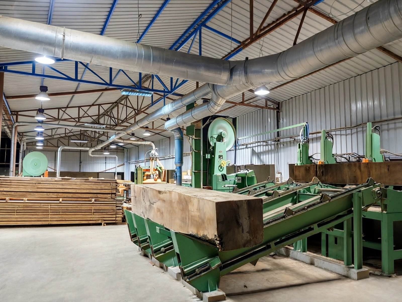Squared log on the sawmill infeed conveyor